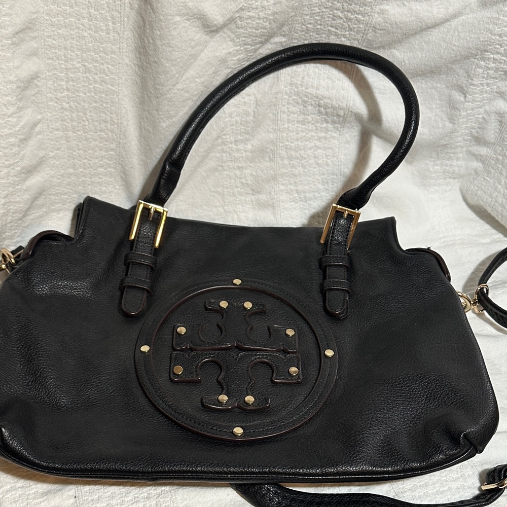 Tory Burch Black Leather Shoulder Bag with Gold Details